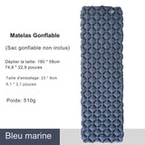 Matelas de camping gonflable bleu marine avec dimensions et poids, ultraléger et compact