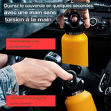 Ouverture facile de la bouteille isotherme avec une main en voiture, bouchon à pression