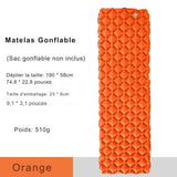 Matelas de camping gonflable orange avec dimensions et poids, ultraléger et compact