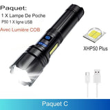 Paquet C avec lampe de poche P50, ligne USB et lumière COB