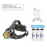 Lampe frontale LED XHP90 avec batterie lithium 1200 mAh et câble USB