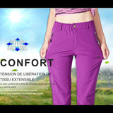 Pantalon de randonnée pour femmes, extensible et confortable, démonstration d'élasticité, couleur violette