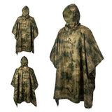 Poncho imperméable vert camouflage pour activités extérieures, vue de face et de dos