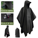 Poncho imperméable noir multi-usage, convertible en bâche de camping.