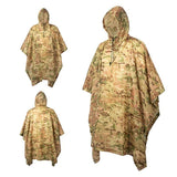 Poncho imperméable beige camouflage avec capuche, vue de face et de dos