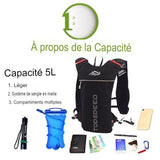 Présentation de la capacité du sac à dos 5L avec accessoires inclus, parfait pour les activités de plein air
