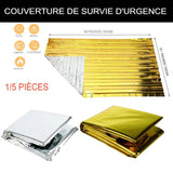 Présentation d’une couverture de survie dorée et argentée avec dimensions et spécifications