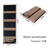 Panneau solaire pliable style quadruple avec dimensions et puissance de 7W