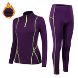 Ensemble violet de sous-vêtements thermiques pour femmes avec coutures vertes, vêtements isolants pour l'hiver