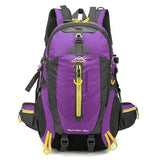Sac à dos violet de randonnée 40 L, avec poches multiples et fermeture éclair jaune