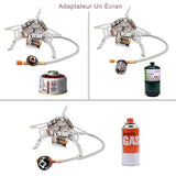 Réchaud à gaz de camping avec différents adaptateurs pour diverses bouteilles de gaz