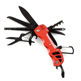 Couteau de survie rouge avec outils multifonctions déployés, robuste et conçu pour le camping