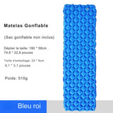 Matelas de camping gonflable bleu roi avec dimensions et poids, ultraléger et compact