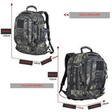 Sac à dos tactique en camouflage avec dimensions, taille régulière et extensible, parfait pour la randonnée
