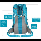 Sac à dos de randonnée bleu avec réglages de sangle et dimensions pour un ajustement parfait
