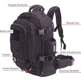 Sac à dos tactique noir avec multiples poches et compartiments, idéal pour les activités de plein air