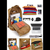Sac à dos tactique beige ouvert montrant diverses poches et accessoires pour randonnée et outdoor