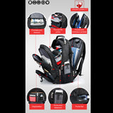 Sac à dos multifonction noir ouvert montrant diverses poches et compartiments