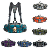 Sac de taille de randonnée vert avec multiples poches et attaches, idéal pour la randonnée et le cyclisme