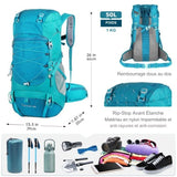 Sac à dos de randonnée bleu 50L avec spécifications de dimensions et accessoires inclus