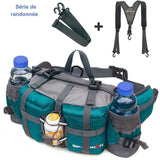 Sac de taille de randonnée vert avec bouteilles et accessoires inclus, prêt pour les excursions