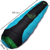 Sac de couchage bleu avec dimensions indiquées, 220 cm de long et 80 cm de large
