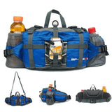 Sac de taille de randonnée bleu avec porte-bouteille et multiples poches, parfait pour la randonnée