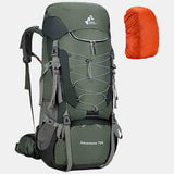 Sac à dos de camping vert 75L avec housse de pluie orange incluse, de face
