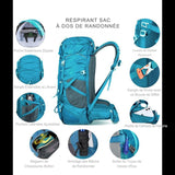 Sac à dos de randonnée bleu 50L avec description des différentes poches et fonctionnalités