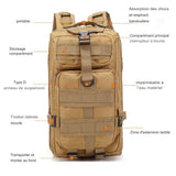 Sac à dos tactique beige avec compartiments multiples et description des fonctionnalités