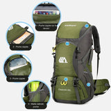 Sac à dos de randonnée vert 50L avec multiples poches zippées, adapté pour les voyages et la randonnée