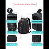 Sac à dos multifonction noir avec étiquettes détaillant les caractéristiques robustes