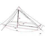 Schéma de la tente de randonnée montrant les dimensions intérieures et la structure
