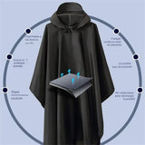 Schéma des caractéristiques du poncho imperméable respirant, étanche et résistant au vent.