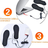 Semelles chauffantes USB connectées à un ordinateur portable et à une alimentation mobile