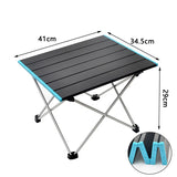 Table de camping aluminium noir taille M avec dimensions 41x34,5x29 cm et rebords bleus