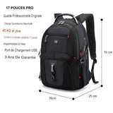 Sac à dos multifonction noir de 17 pouces Pro avec port USB et capacité de charge de 45 kg