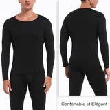 Sous-vêtements thermiques noirs pour hommes, vue de face et de dos, confortable et élégant