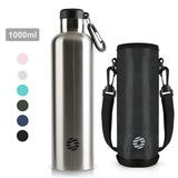 Bouteille thermos argentée 1000 ml en inox avec étui et mousqueton, parfaite pour la randonnée