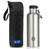 Texte : Bouteille thermos argentée 750 ml en inox avec housse matelassée et mousqueton