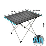 Table de camping pliante en aluminium noir avec dimensions 56x40,5x40 cm, coins bleus
