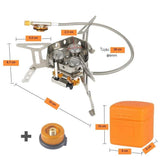 Réchaud à trois têtes avec dimensions, boîtier de transport et adaptateur de gaz