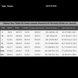 Tableau des tailles de veste unisexe pour hommes et femmes, guide de dimensions détaillé