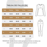 Tableau des tailles pour ensemble thermique femme, guide des mesures poitrine, taille et hanches