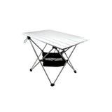 Table de camping ultralégère en aluminium avec sac de rangement sous le plateau, vue de côté