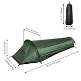 Tente de camping verte avec dimensions et sac de transport