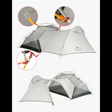 Tente 2 personnes ultralégère et imperméable en plein montage avec détails des fixations, idéale pour randonnée et camping