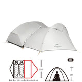 Tente ultralégère pour 2 personnes avec dimensions détaillées et illustration de l'espace intérieur