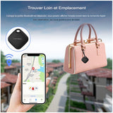 Étiquette intelligente sur un sac à main et application affichant la localisation, idéal pour suivi de bagages