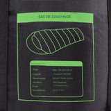 Étiquette du sac de couchage montrant les spécifications techniques, idéal pour les achats informés